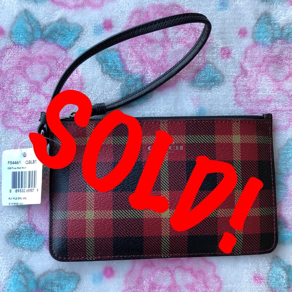 New! Coach Red & Black Plaid Wristlet